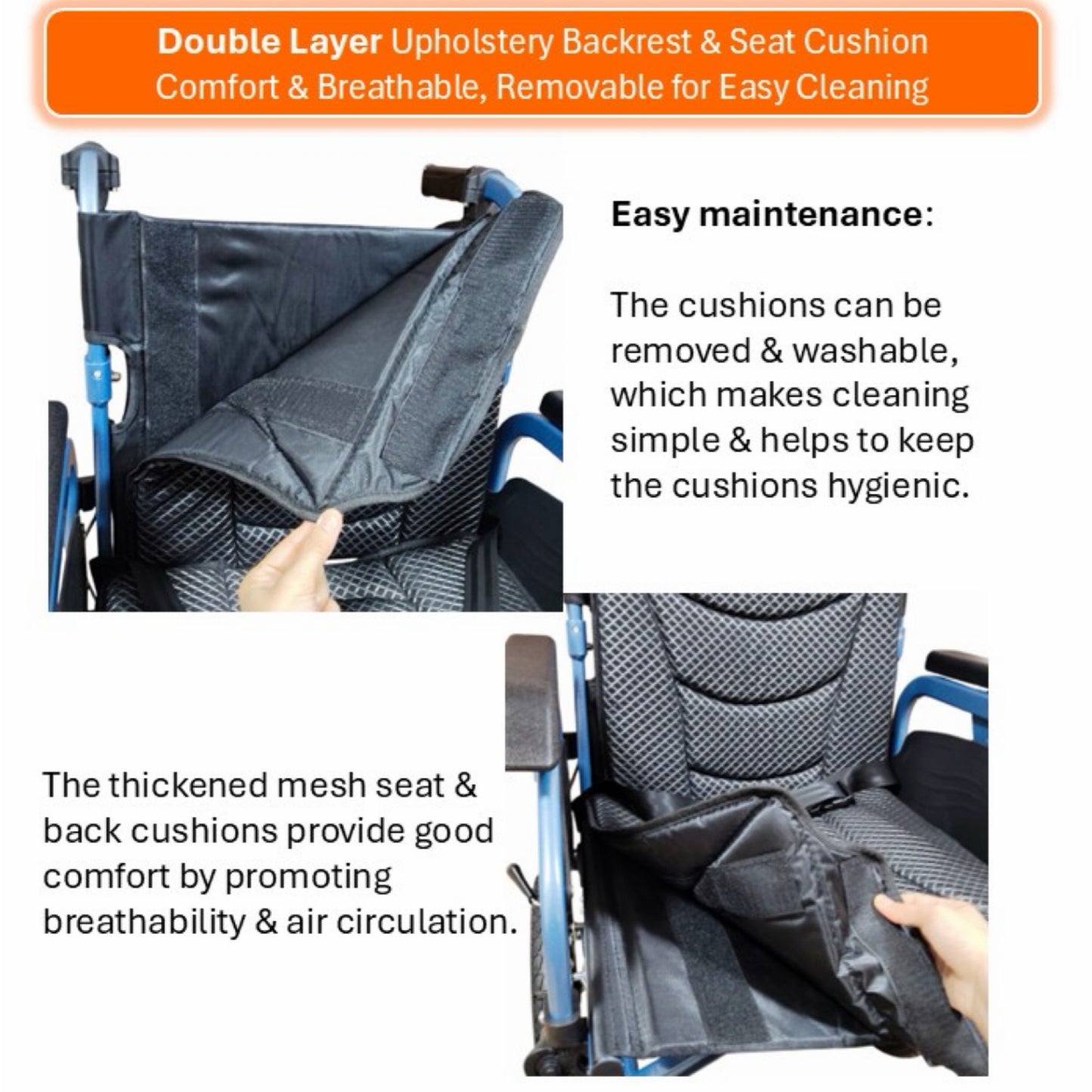 GETS Comfy16 ALUMINIUM PUSHCHAIR ♿️ Backrest Foldable, Flip-Back + Height-Length Adjustable PU Armrests, Foldable Legrests, Removable Cushions
