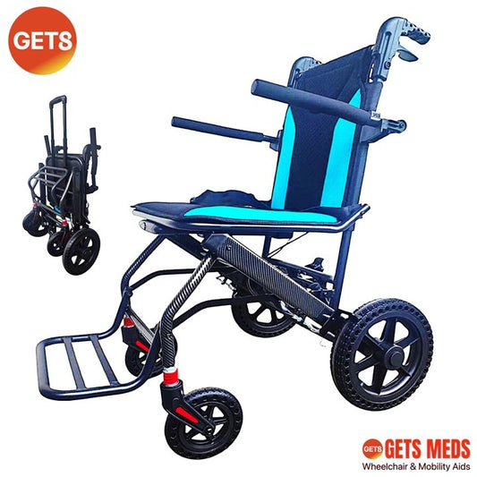 WHEELCHAIR TRAVEL ALUMINIUM 9.4KG FOR LOAD 100KG: GETS PA13-12C TRAVEL LUXE PUSHCHAIR WITH RETRACTABLE PULLING ROD & CARRIER BAG