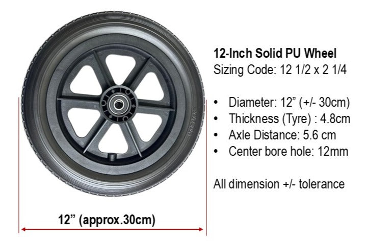 WHEELS FOR WHEELCHAIR 12-INCH : SOLID POLYURETHANE (PU) 12" WHEELS FOR WHEELCHAIR REPLACEMENT