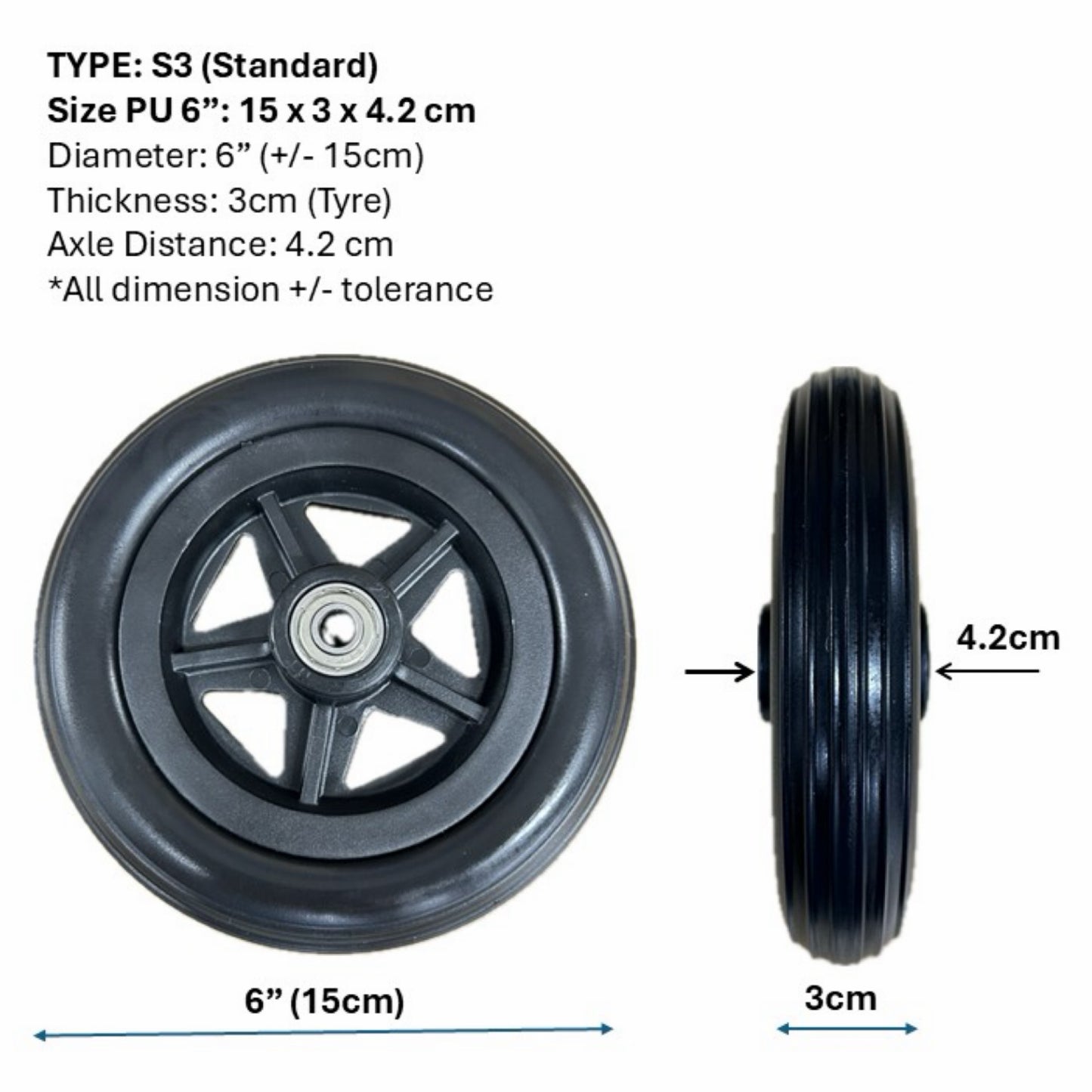 CASTOR WHEELS FOR WHEELCHAIR: GETS CASTOR WHEELS DIAMETER 5" (13cm), 6" (15cm), 7" (18cm) & 8" (20cm) FOR WHEELCHAIR