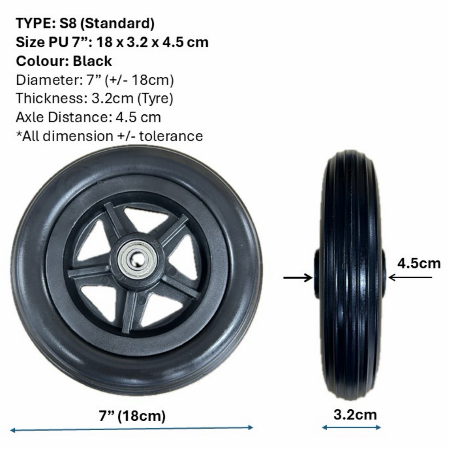 CASTOR WHEELS FOR WHEELCHAIR: GETS CASTOR WHEELS DIAMETER 5" (13cm), 6" (15cm), 7" (18cm) & 8" (20cm) FOR WHEELCHAIR