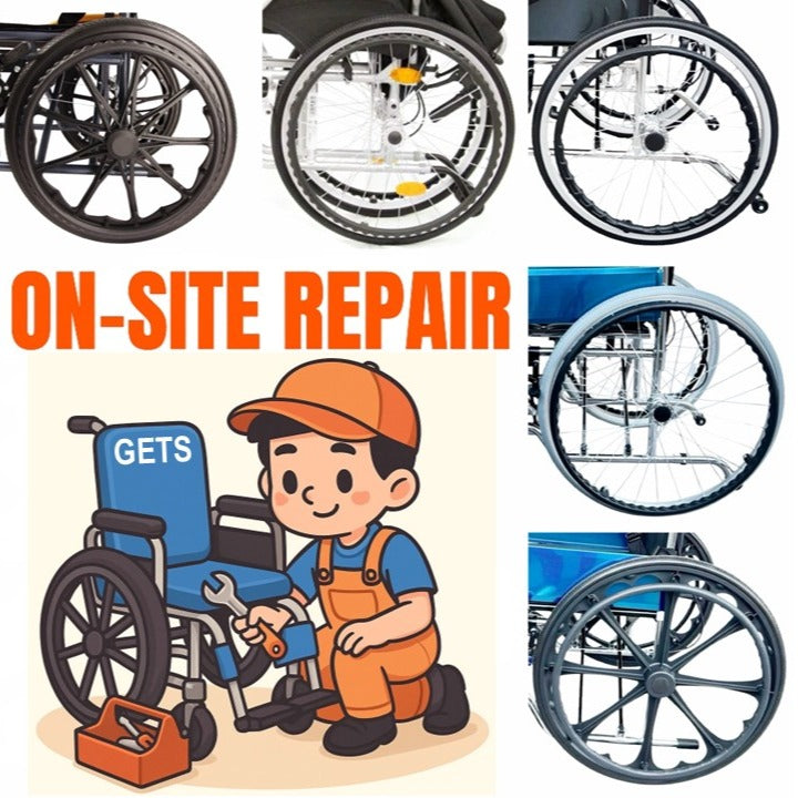 WHEELS FOR WHEELCHAIRS 20”, 22” & 24”: GETS REAR WHEELS W/O RIM, SOLID PU (POLYURETHANE) TYRE