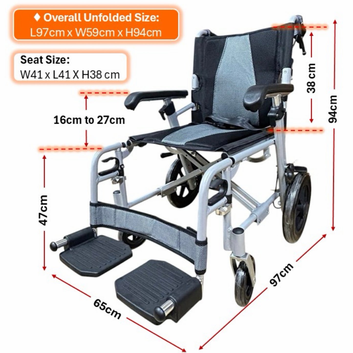 GETS VERSA LITE12 ALUMINIUM PUSHCHAIR ♿️ Foldable, Height-Adjustable PU armrests, Flexible-Detachable Legrests