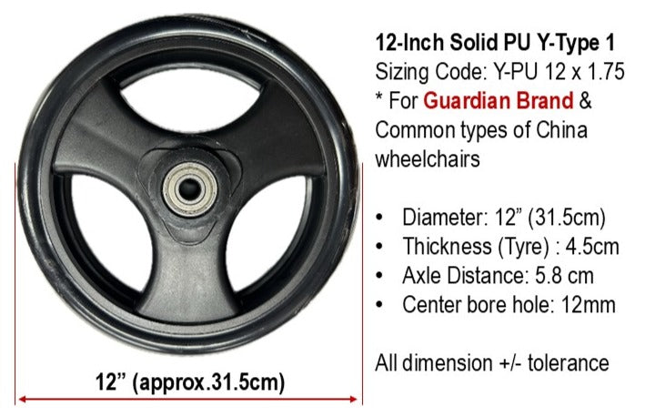 WHEELS FOR WHEELCHAIR 12-INCH : SOLID POLYURETHANE (PU) 12" WHEELS FOR WHEELCHAIR REPLACEMENT