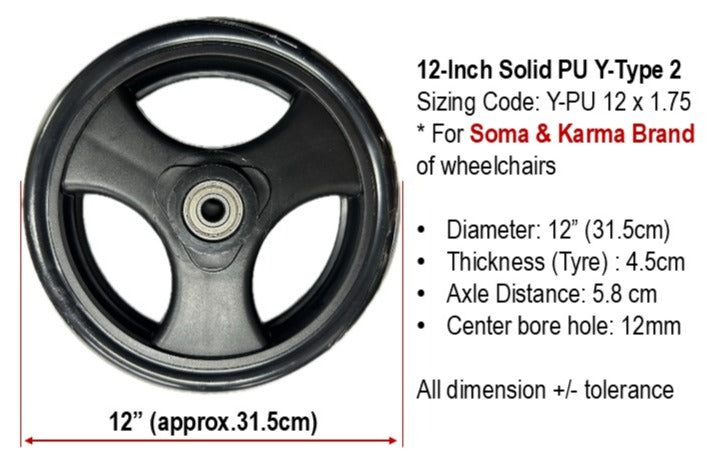WHEELS FOR WHEELCHAIR 12-INCH : SOLID POLYURETHANE (PU) 12" WHEELS FOR WHEELCHAIR REPLACEMENT