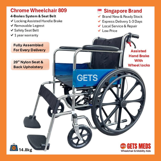 GETS STANDARD CHROME WHEELCHAIR 809 ♿️ Fixed Armrest, Fixed Legrests, Self-Propelled