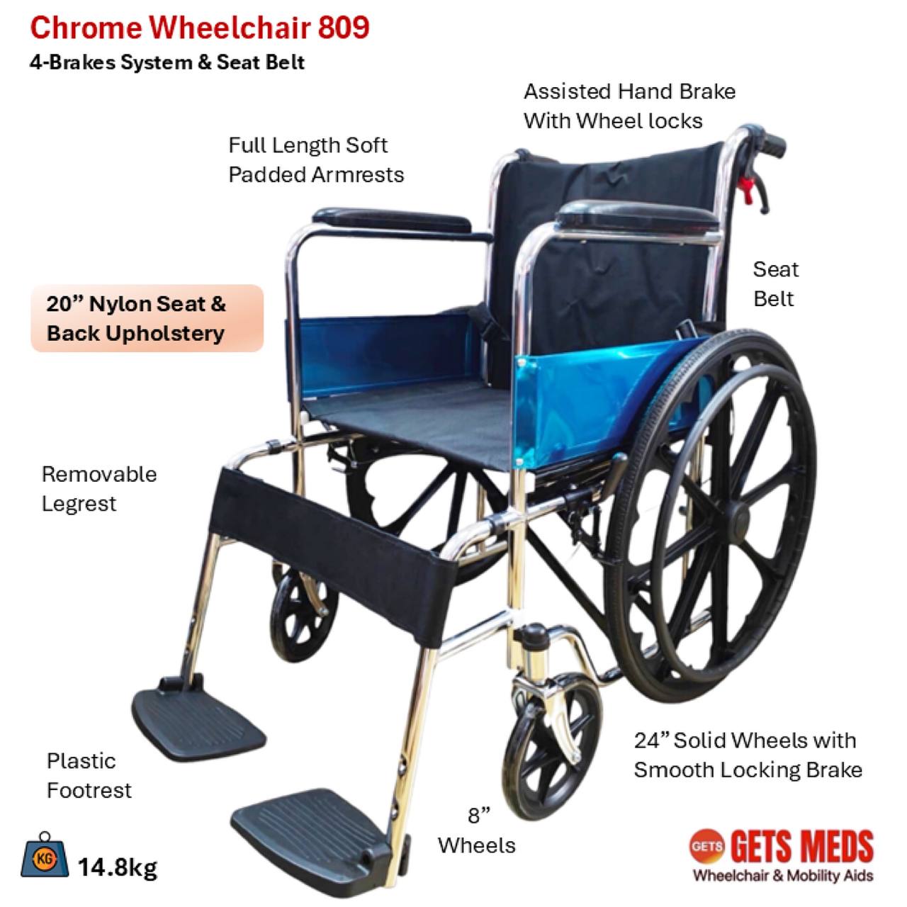 GETS STANDARD CHROME WHEELCHAIR 809 ♿️ Fixed Armrest, Fixed Legrests, Self-Propelled