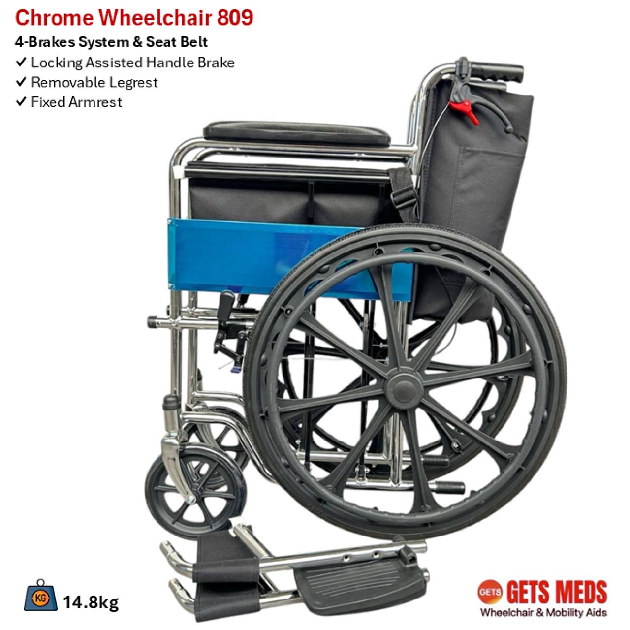 GETS STANDARD CHROME WHEELCHAIR 809 ♿️ Fixed Armrest, Fixed Legrests, Self-Propelled
