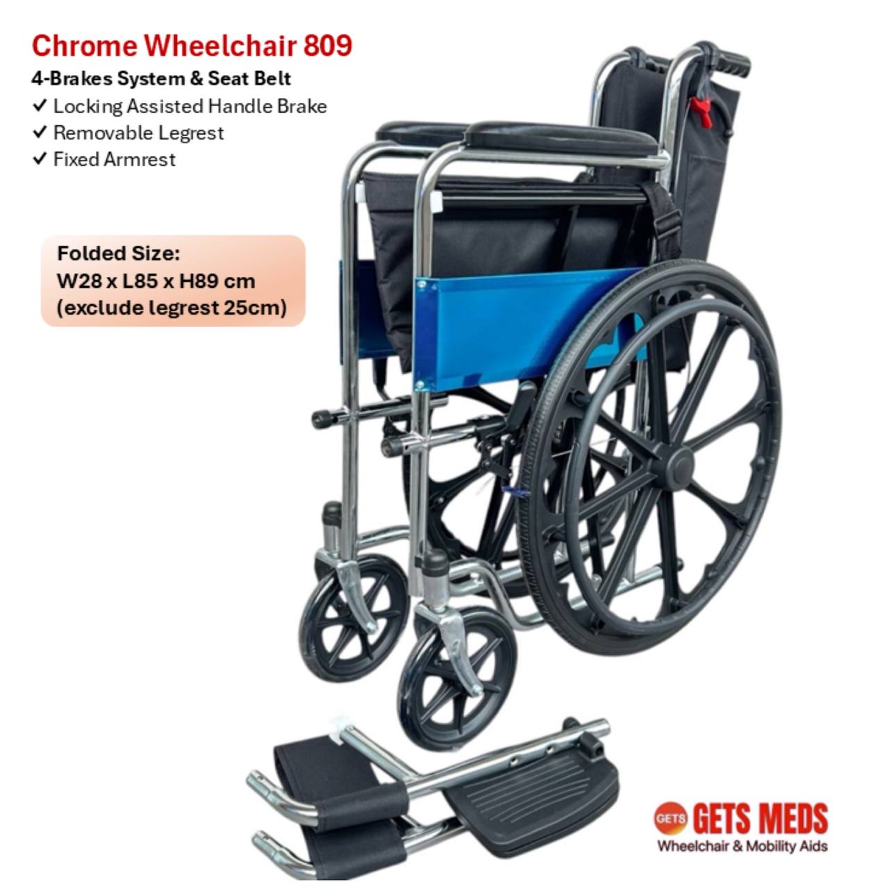GETS STANDARD CHROME WHEELCHAIR 809 ♿️ Fixed Armrest, Fixed Legrests, Self-Propelled