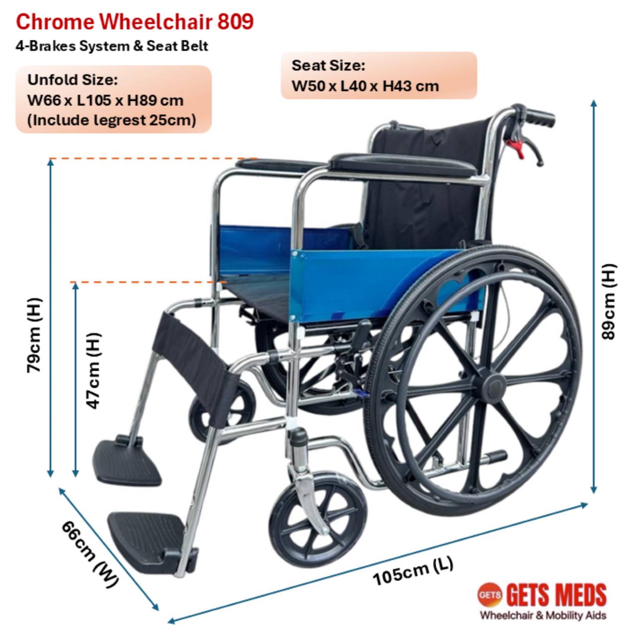 GETS STANDARD CHROME WHEELCHAIR 809 ♿️ Fixed Armrest, Fixed Legrests, Self-Propelled