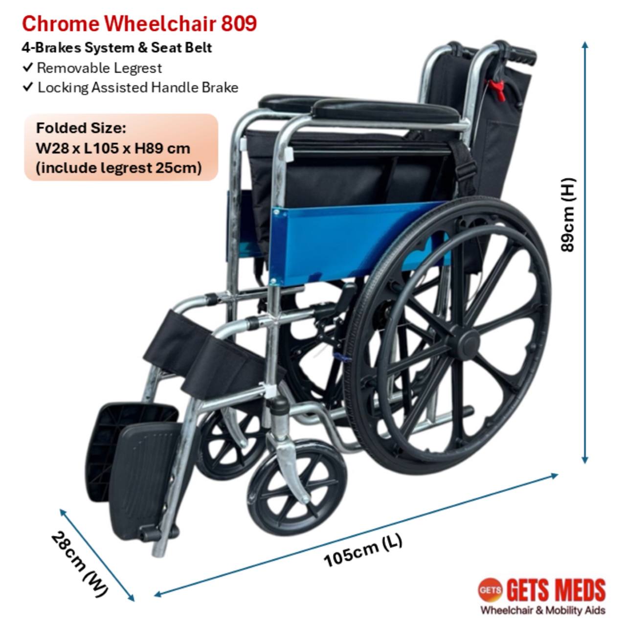 GETS STANDARD CHROME WHEELCHAIR 809 ♿️ Fixed Armrest, Fixed Legrests, Self-Propelled
