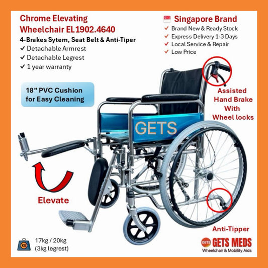 GETS CHROME ELEVATING WHEELCHAIR 1902 ♿️ Detachable Armrest, Elevating & Detachable Legrests, Anti-Tipper, Self-Propelled