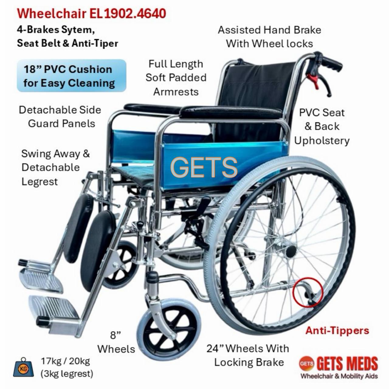 GETS CHROME ELEVATING WHEELCHAIR 1902 ♿️ Detachable Armrest, Elevating & Detachable Legrests, Anti-Tipper, Self-Propelled