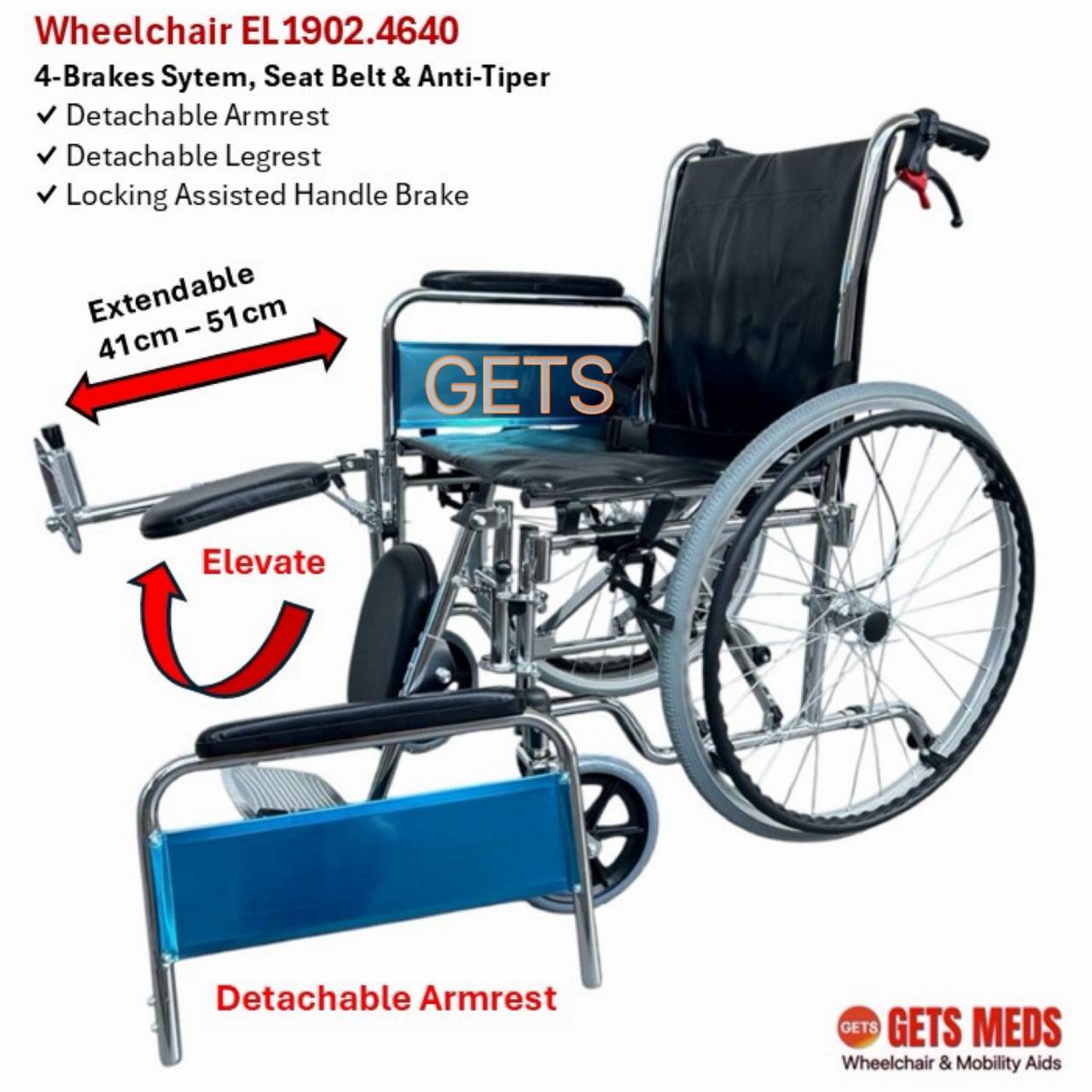 GETS CHROME ELEVATING WHEELCHAIR 1902 ♿️ Detachable Armrest, Elevating & Detachable Legrests, Anti-Tipper, Self-Propelled