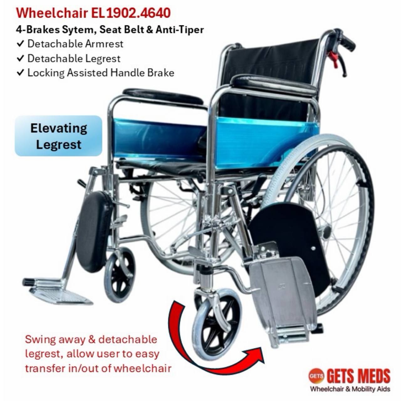 GETS CHROME ELEVATING WHEELCHAIR 1902 ♿️ Detachable Armrest, Elevating & Detachable Legrests, Anti-Tipper, Self-Propelled
