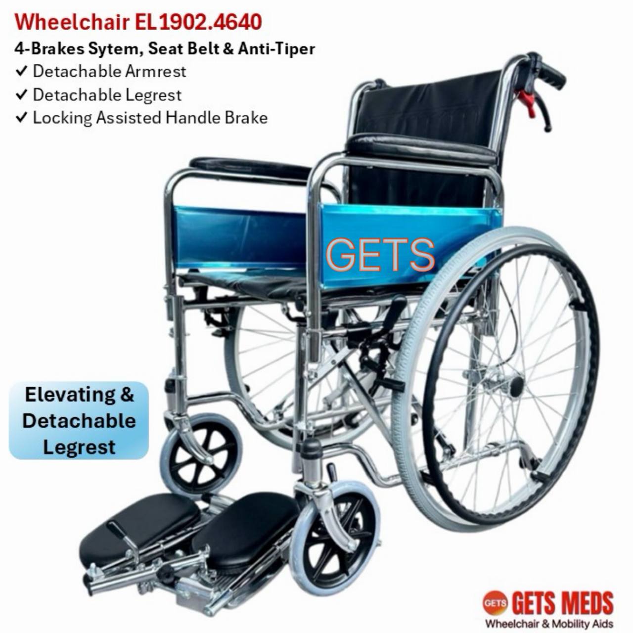GETS CHROME ELEVATING WHEELCHAIR 1902 ♿️ Detachable Armrest, Elevating & Detachable Legrests, Anti-Tipper, Self-Propelled