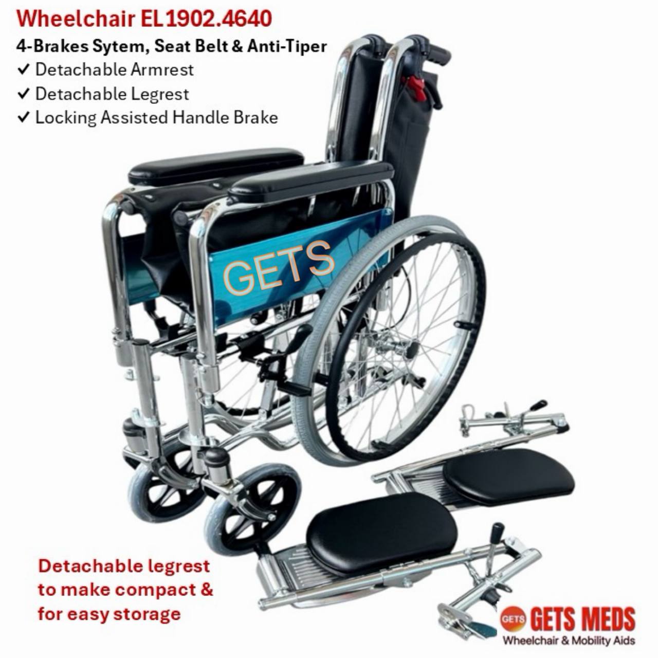 GETS CHROME ELEVATING WHEELCHAIR 1902 ♿️ Detachable Armrest, Elevating & Detachable Legrests, Anti-Tipper, Self-Propelled