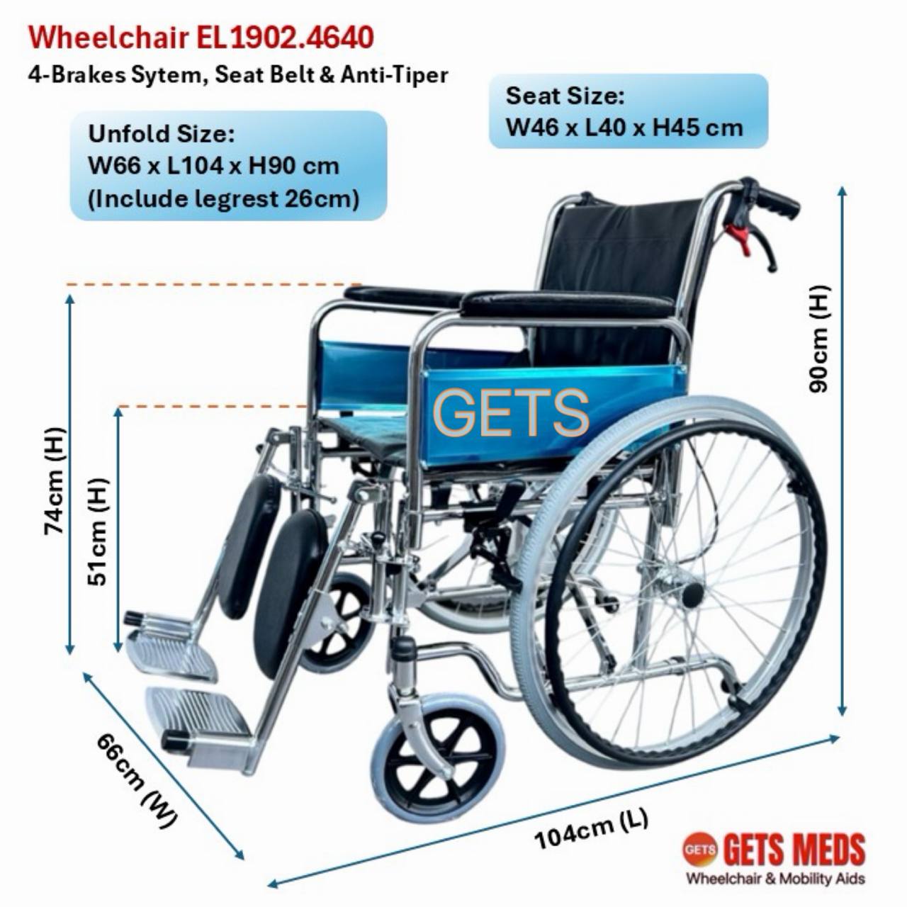 GETS CHROME ELEVATING WHEELCHAIR 1902 ♿️ Detachable Armrest, Elevating & Detachable Legrests, Anti-Tipper, Self-Propelled
