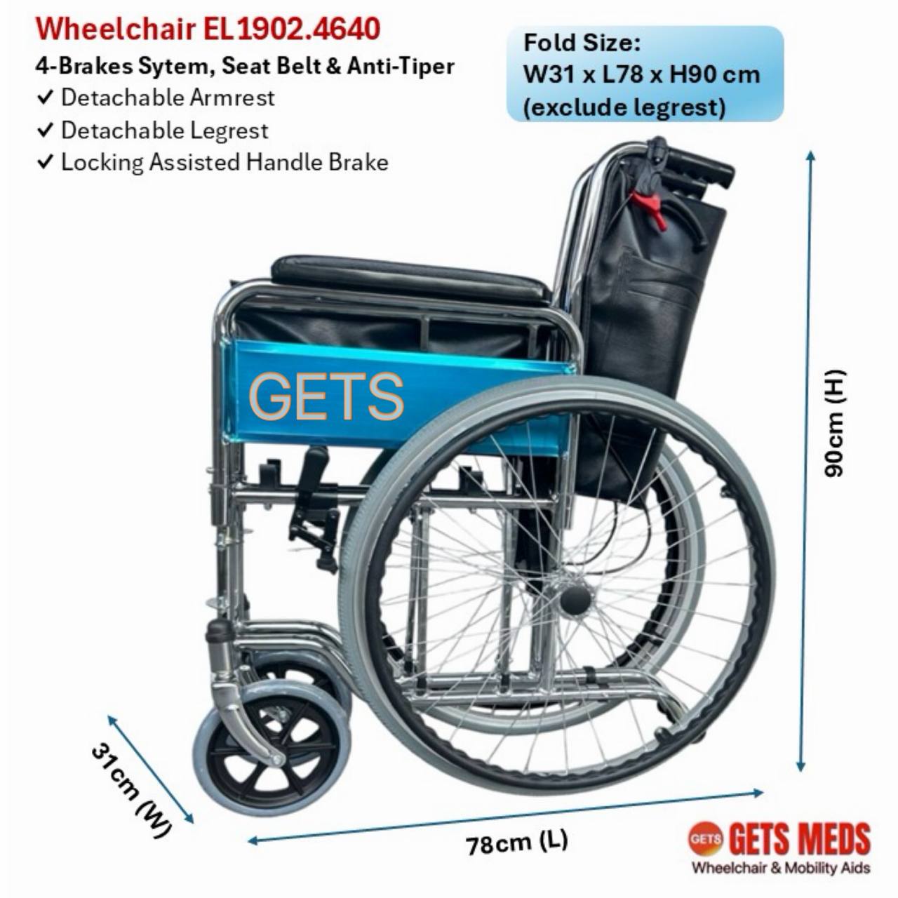 GETS CHROME ELEVATING WHEELCHAIR 1902 ♿️ Detachable Armrest, Elevating & Detachable Legrests, Anti-Tipper, Self-Propelled