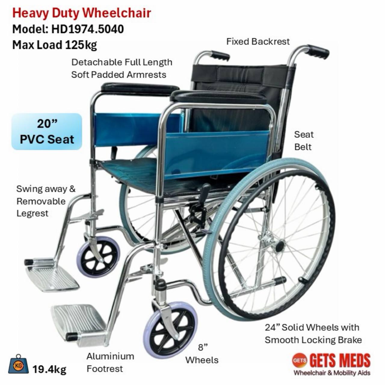 GETS Wheelchair ♿️Heavy Duty Wheelchair max load 125kg